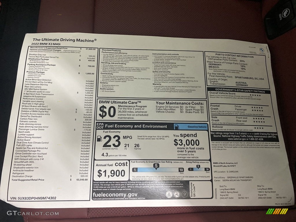 2022 BMW X3 M40i Window Sticker Photo #144450778