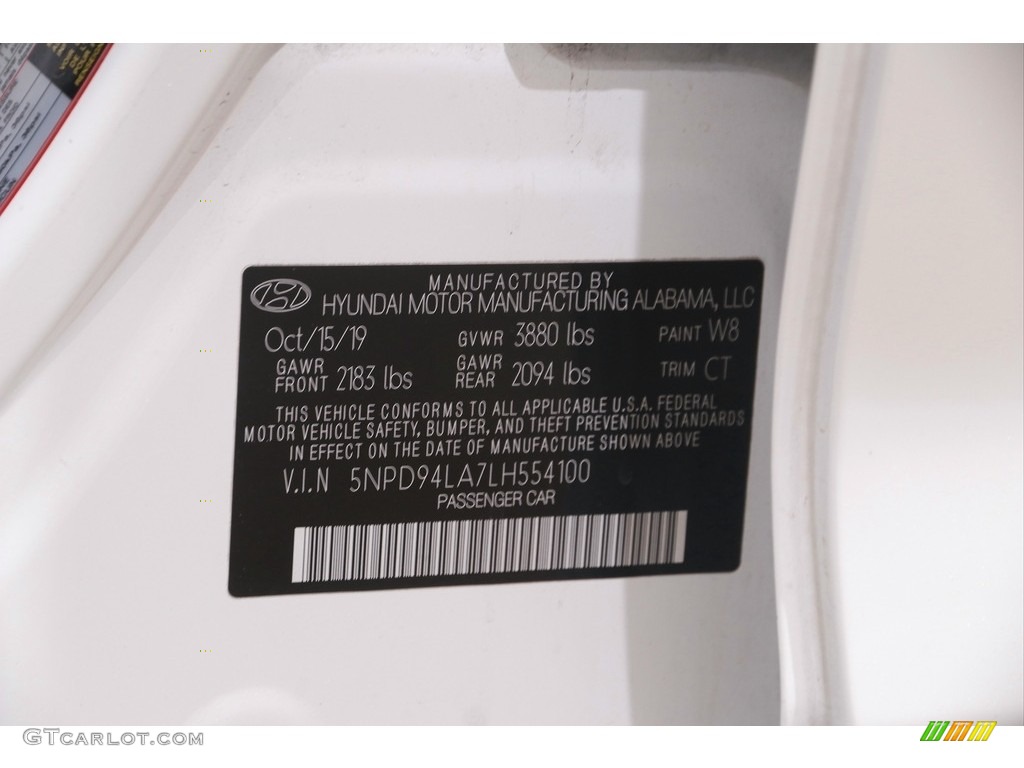 2020 Elantra Color Code W8 for Quartz White Pearl Photo #144453541