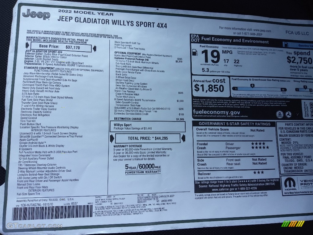 2022 Gladiator Willys Sport 4x4 - Hydro Blue Pearl / Black photo #26