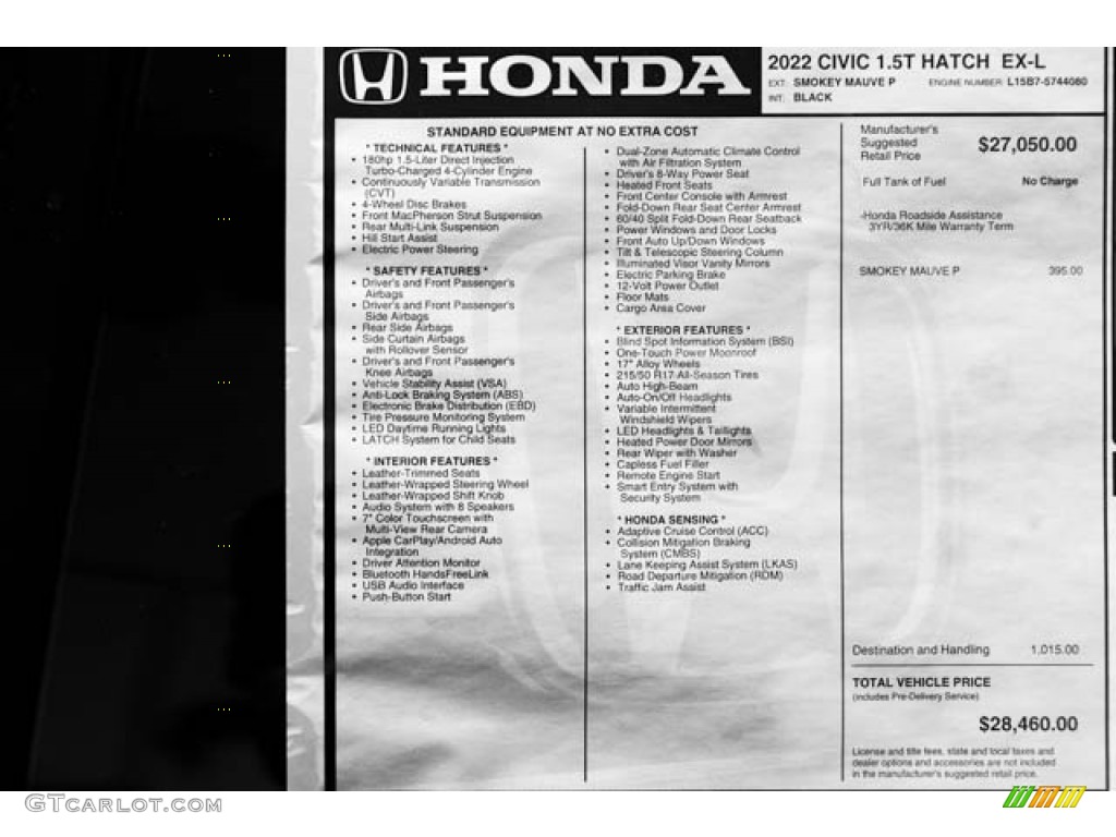 2022 Honda Civic EX-L Hatchback Window Sticker Photo #144458030