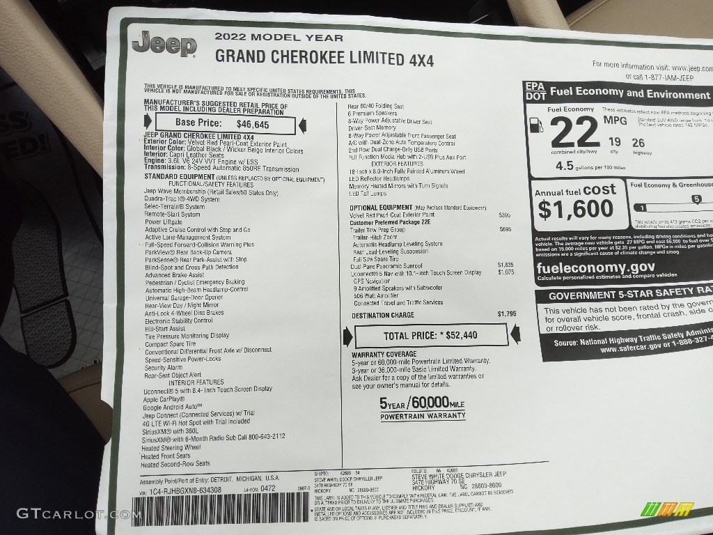 2022 Jeep Grand Cherokee Limited 4x4 Window Sticker Photo #144461236