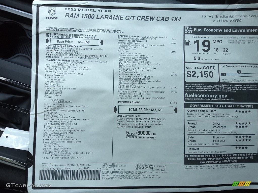 2022 Ram 1500 Laramie G/T Crew Cab 4x4 Window Sticker Photos