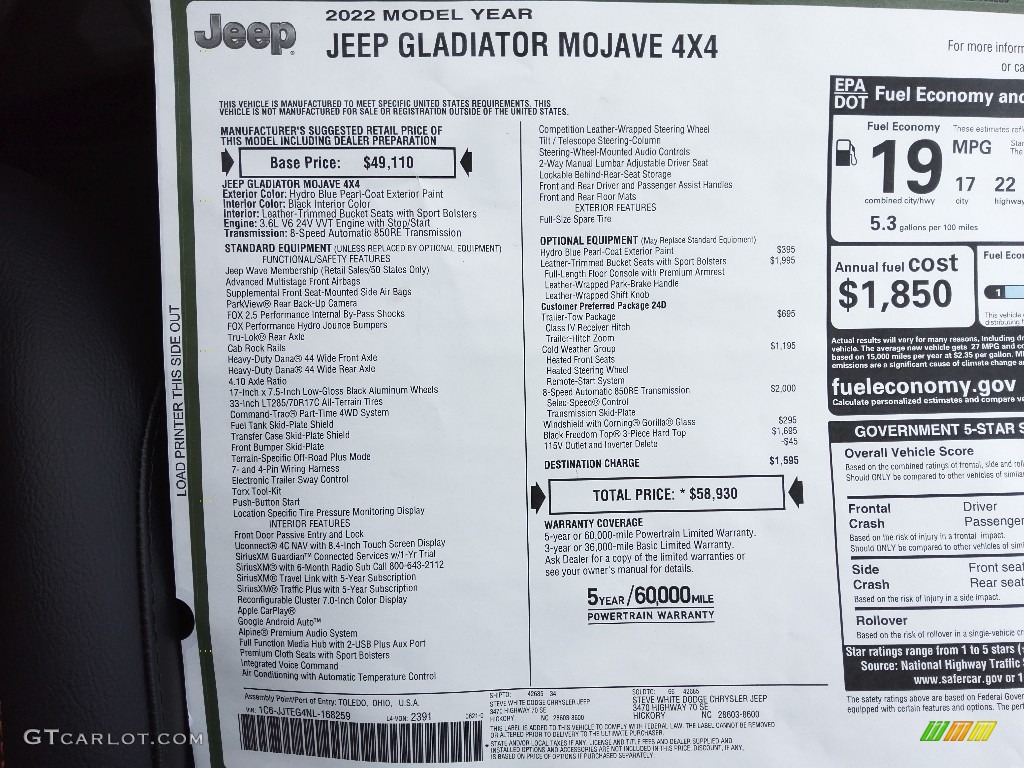 2022 Jeep Gladiator Mojave 4x4 Window Sticker Photos