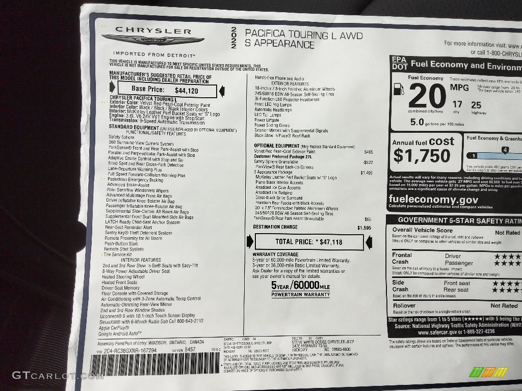 2022 Chrysler Pacifica Touring L AWD Window Sticker Photos
