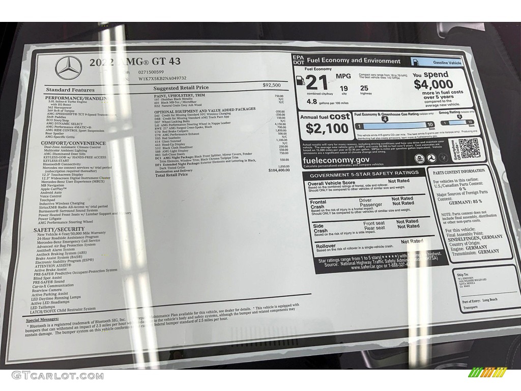 2022 Mercedes-Benz AMG GT 43 Window Sticker Photo #144474727