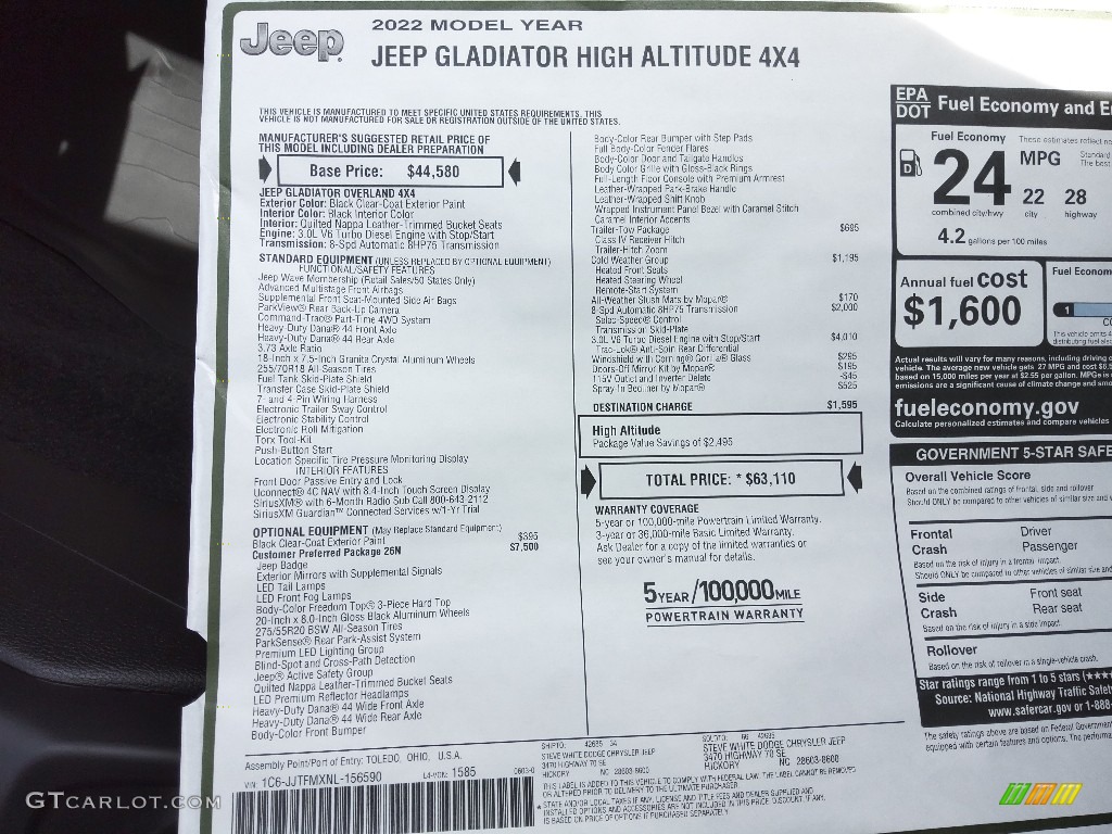 2022 Jeep Gladiator High Altitude 4x4 Window Sticker Photos