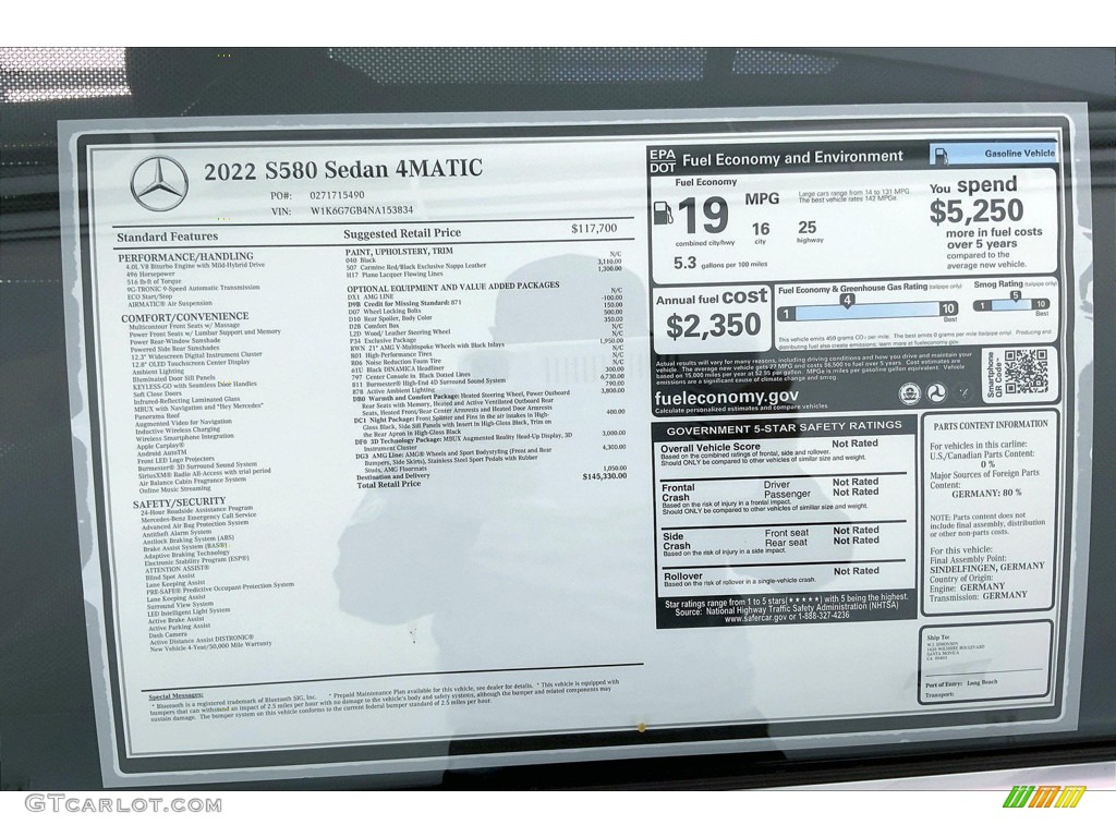 2022 Mercedes-Benz S 580 4Matic Sedan Window Sticker Photo #144498615