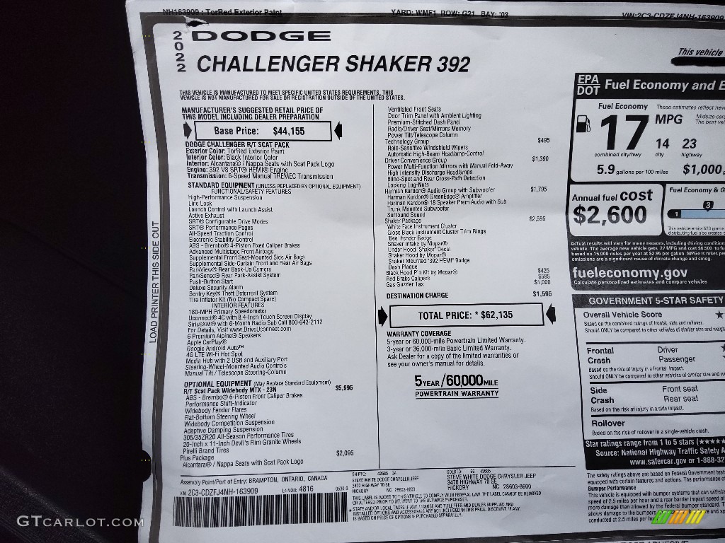 2022 Dodge Challenger R/T Scat Pack Shaker Widebody Window Sticker Photo #144504138