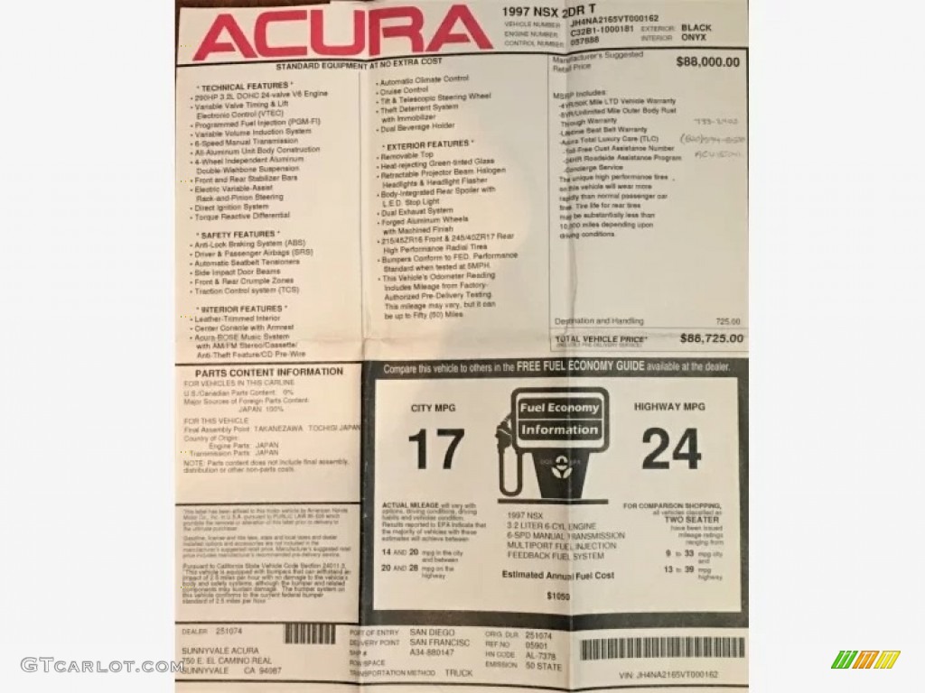 1997 Acura NSX T Window Sticker Photos
