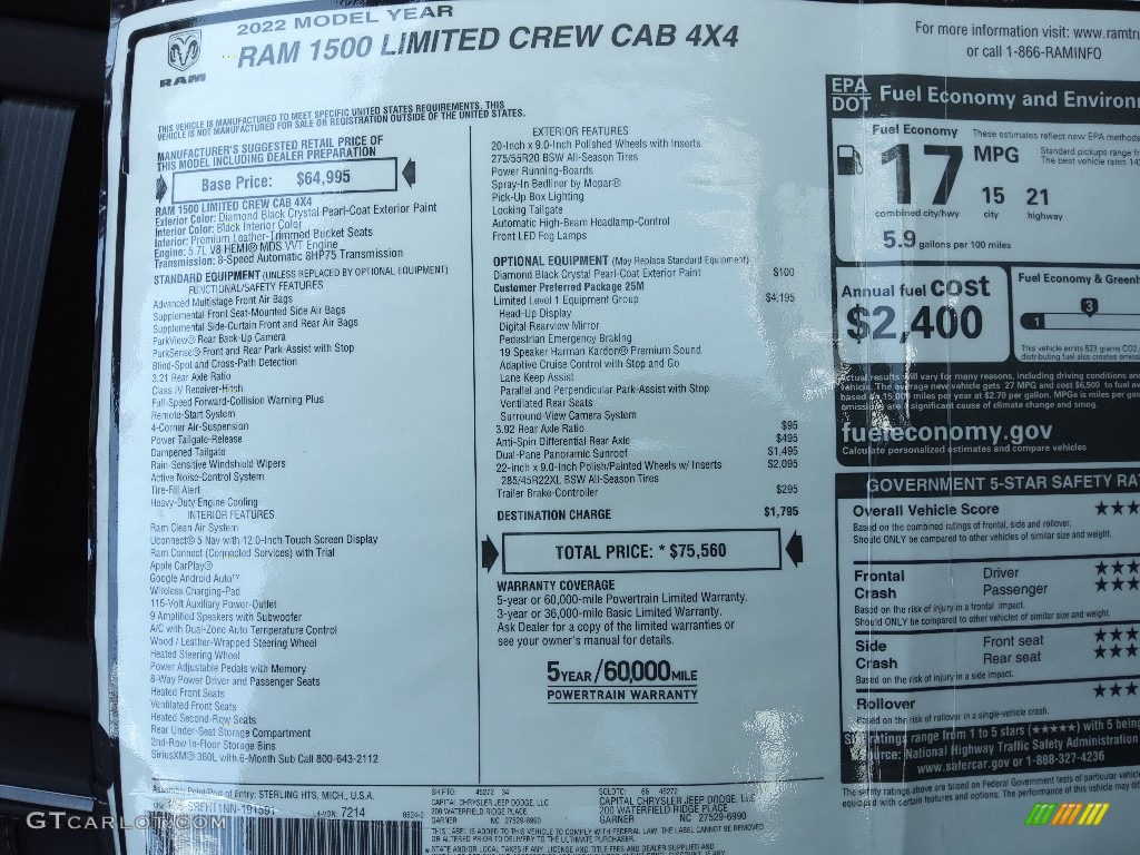 2022 Ram 1500 Limited Crew Cab 4x4 Window Sticker Photo #144542966