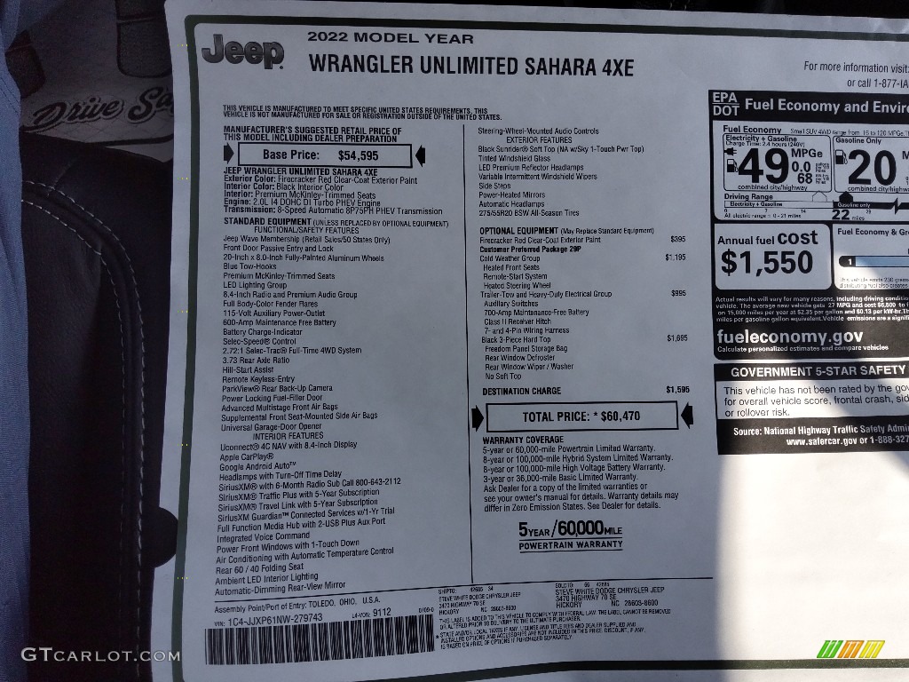2022 Jeep Wrangler Unlimited Sahara 4XE Hybrid Window Sticker Photo #144564537