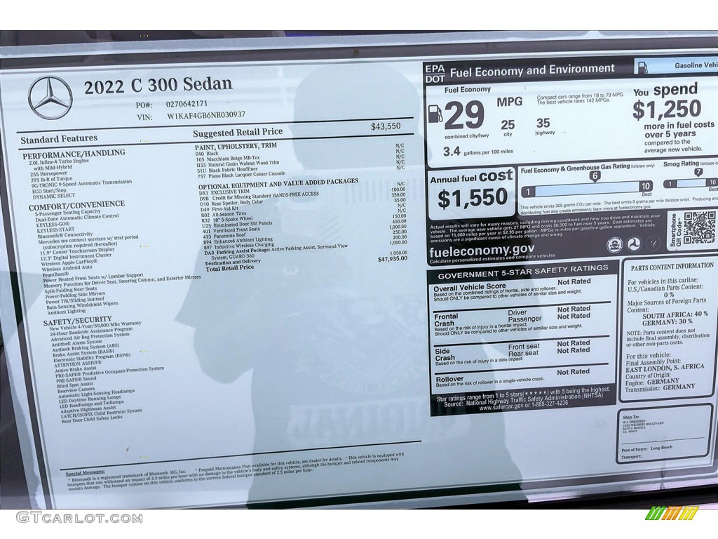 2022 Mercedes-Benz C 300 Sedan Window Sticker Photo #144569842