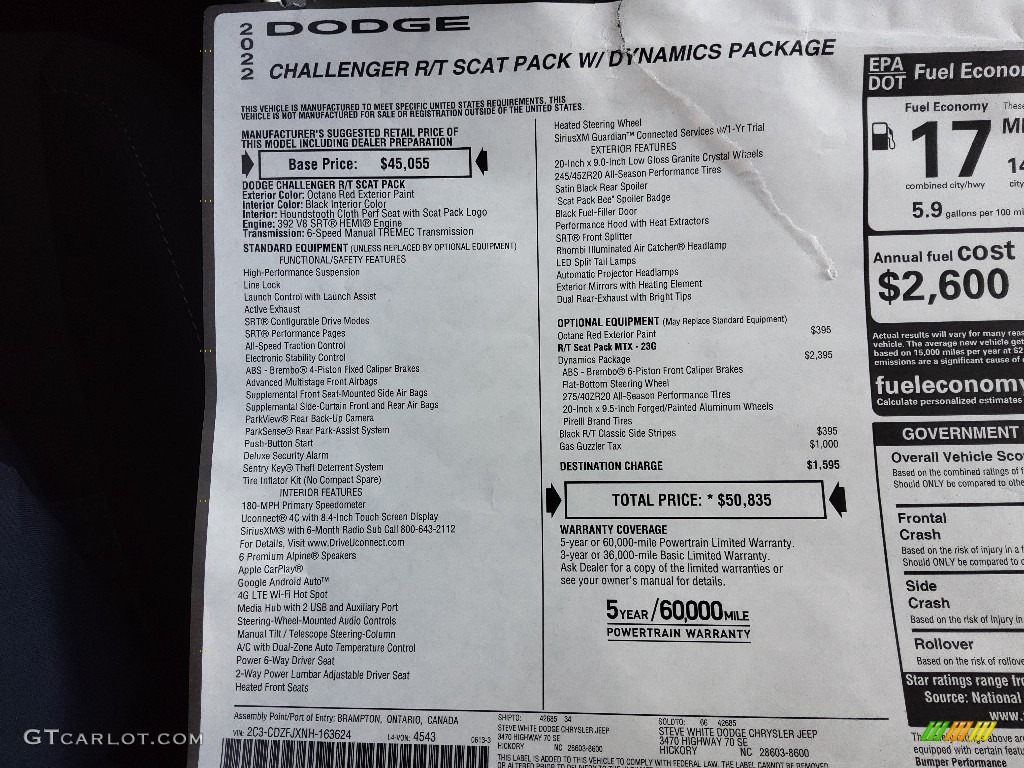 2022 Dodge Challenger R/T Scat Pack Dynamics Package Window Sticker Photos