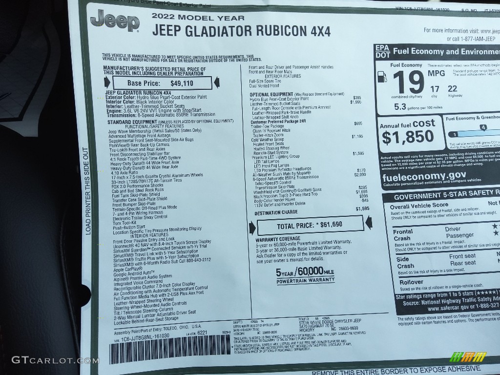2022 Gladiator Rubicon 4x4 - Hydro Blue Pearl / Black photo #30
