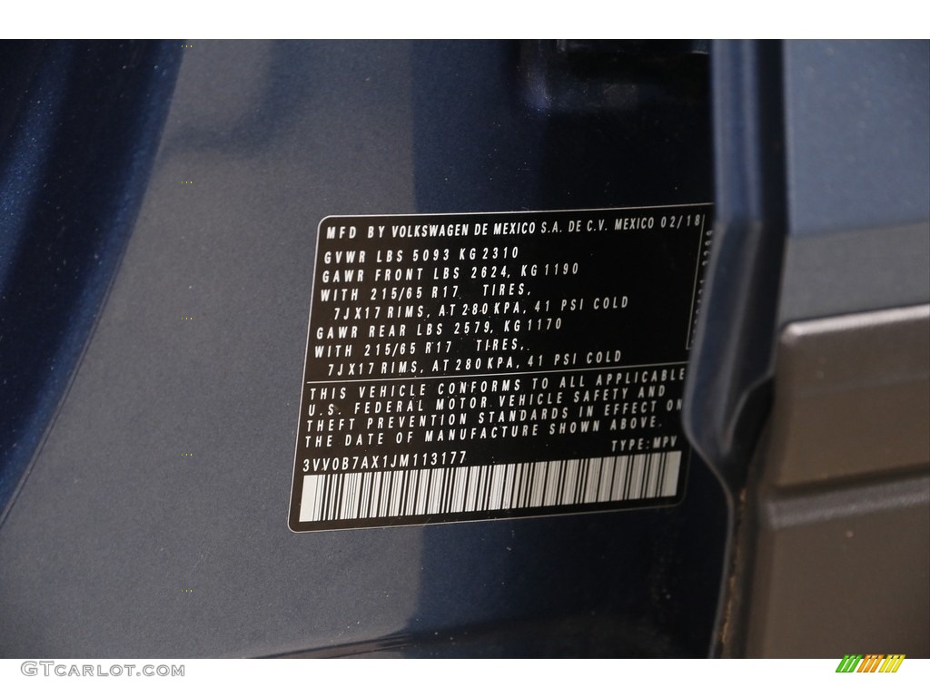 2018 Tiguan S 4MOTION - Silk Blue Metallic / Titan Black photo #18