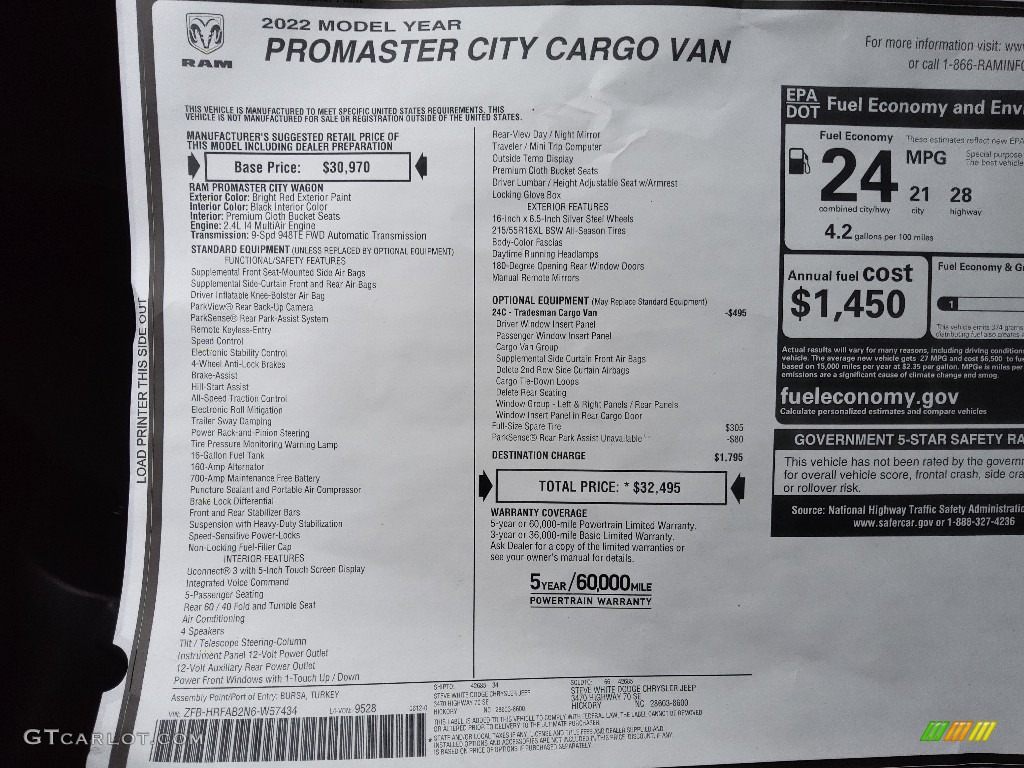 2022 Ram ProMaster City Tradesman Cargo Van Window Sticker Photo #144603688