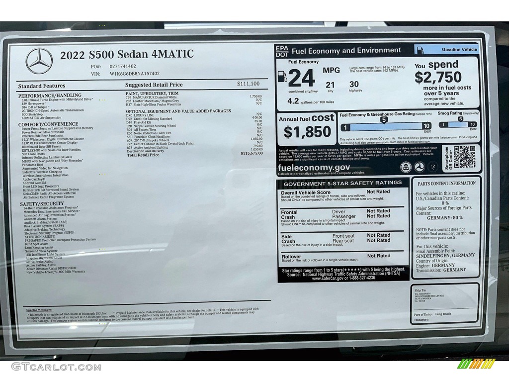 2022 Mercedes-Benz S 500 4Matic Sedan Window Sticker Photo #144606999