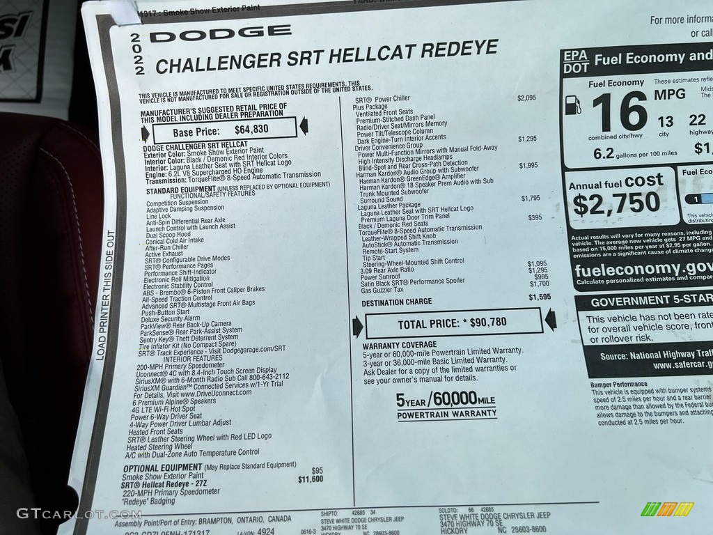 2022 Dodge Challenger SRT Hellcat Redeye Window Sticker Photo #144610278