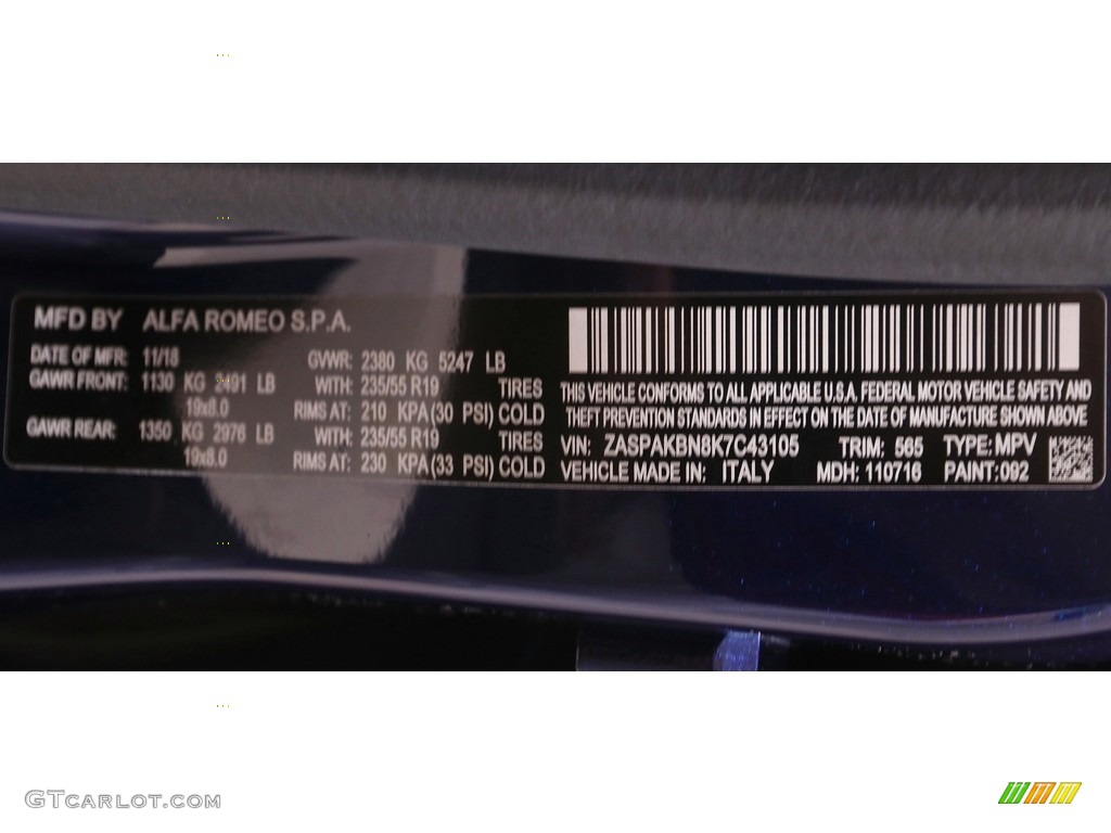 2019 Stelvio Color Code 092 for Montecarlo Blue Metallic Photo #144614237