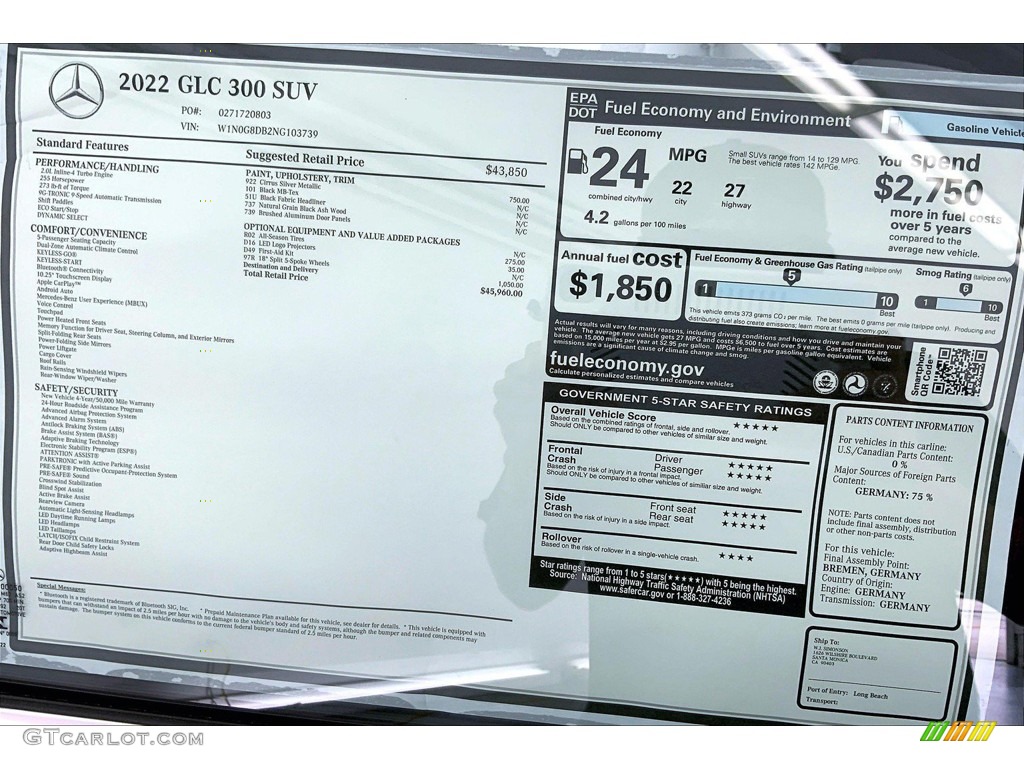 2022 Mercedes-Benz GLC 300 Window Sticker Photo #144614246