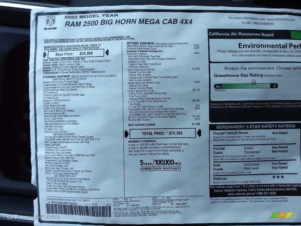 2022 Ram 2500 Big Horn Mega Cab 4x4 Window Sticker Photo #144617930