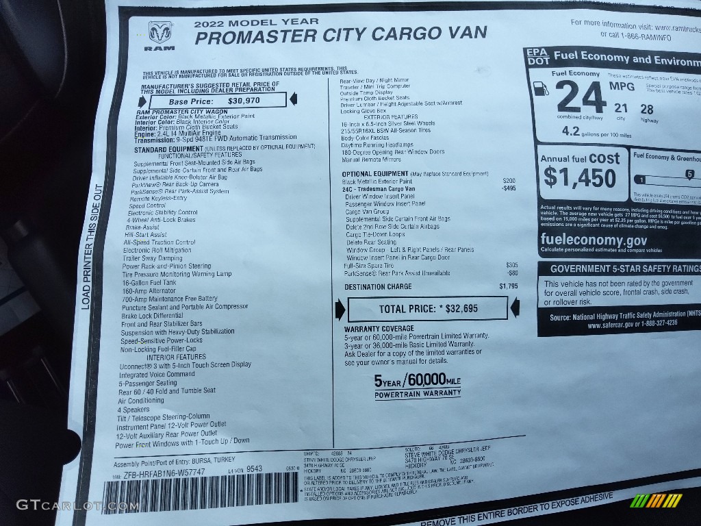 2022 Ram ProMaster City Tradesman Cargo Van Window Sticker Photo #144622252