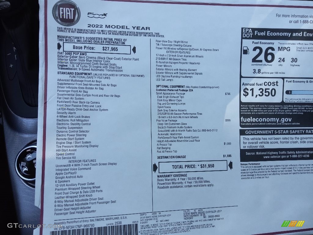 2022 Fiat 500X Pop AWD Window Sticker Photo #144622906