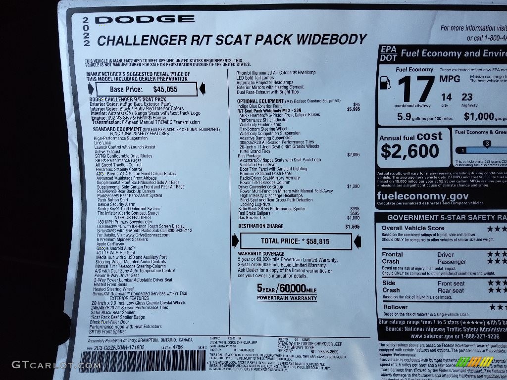 2022 Dodge Challenger R/T Scat Pack Widebody Window Sticker Photo #144624143