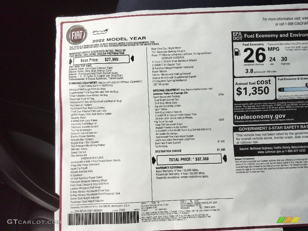 2022 Fiat 500X Pop AWD Window Sticker Photos