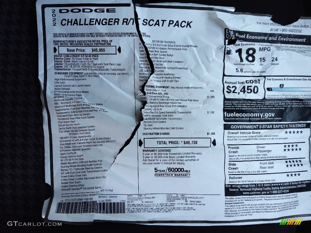 2022 Dodge Challenger R/T Scat Pack Window Sticker Photo #144630710