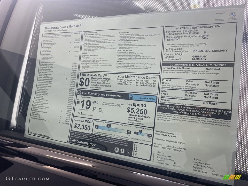 2022 BMW 7 Series 750i xDrive Sedan Window Sticker Photos