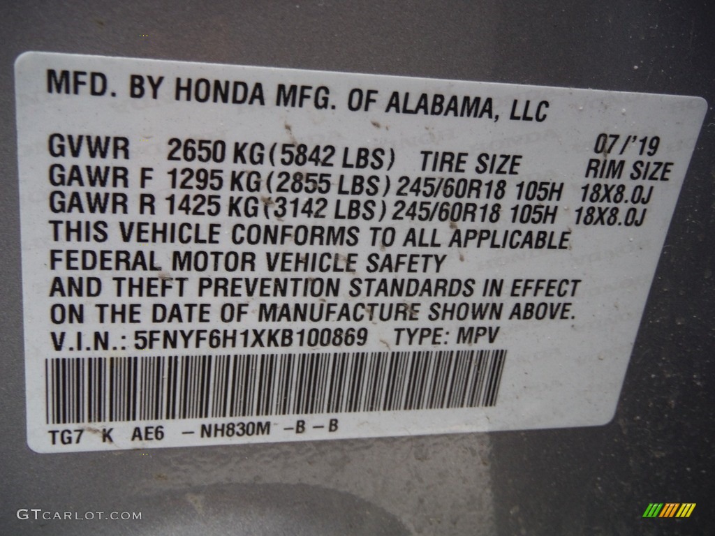 2019 Pilot LX AWD - Lunar Silver Metallic / Gray photo #29