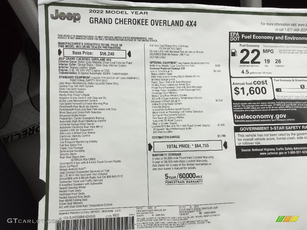 2022 Jeep Grand Cherokee Overland 4x4 Window Sticker Photo #144658343