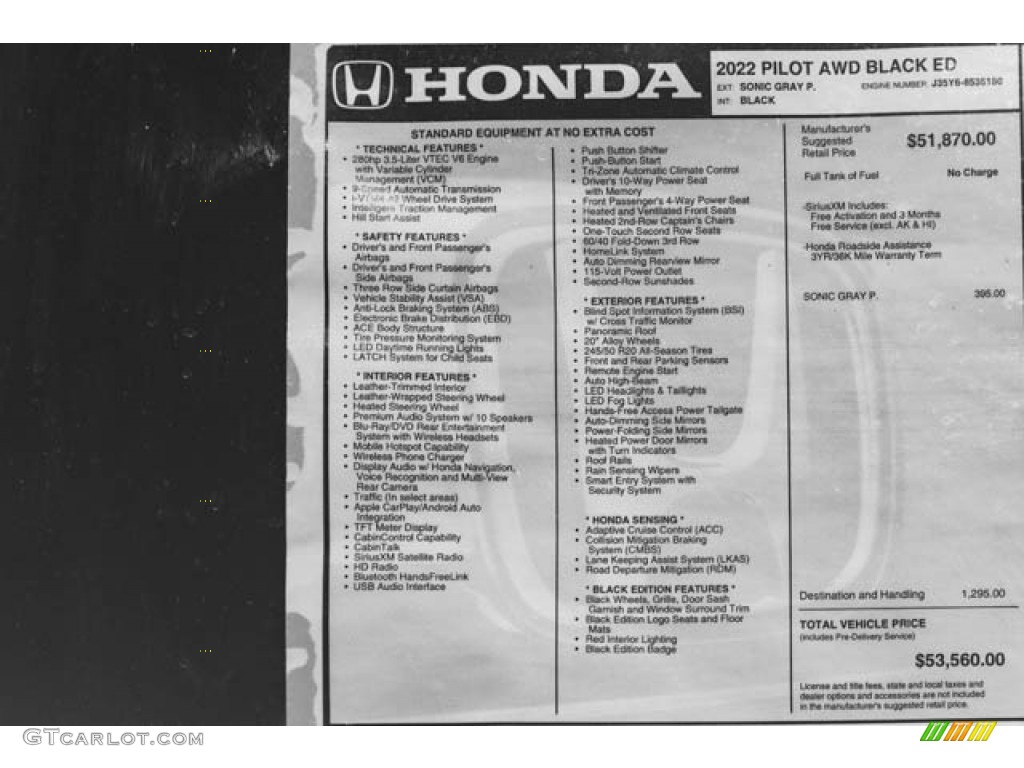 2022 Honda Pilot Black Edition AWD Window Sticker Photo #144670817