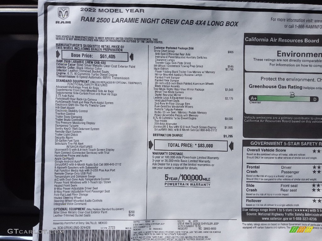 2022 Ram 2500 Laramie Night Edition Crew Cab 4x4 Window Sticker Photo #144671729