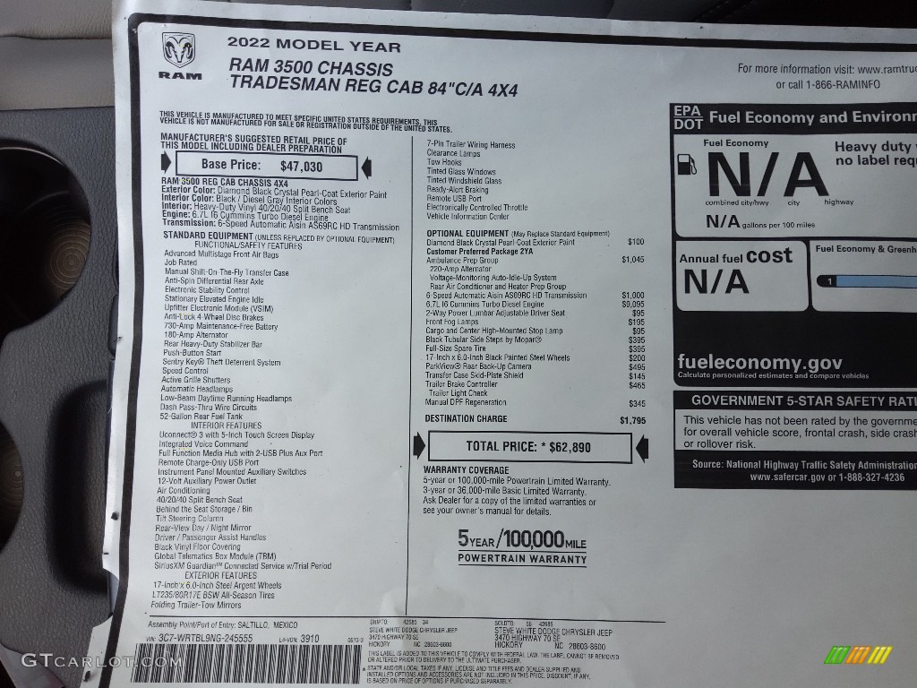2022 Ram 3500 Tradesman Regular Cab 4x4 Chassis Window Sticker Photo #144678503