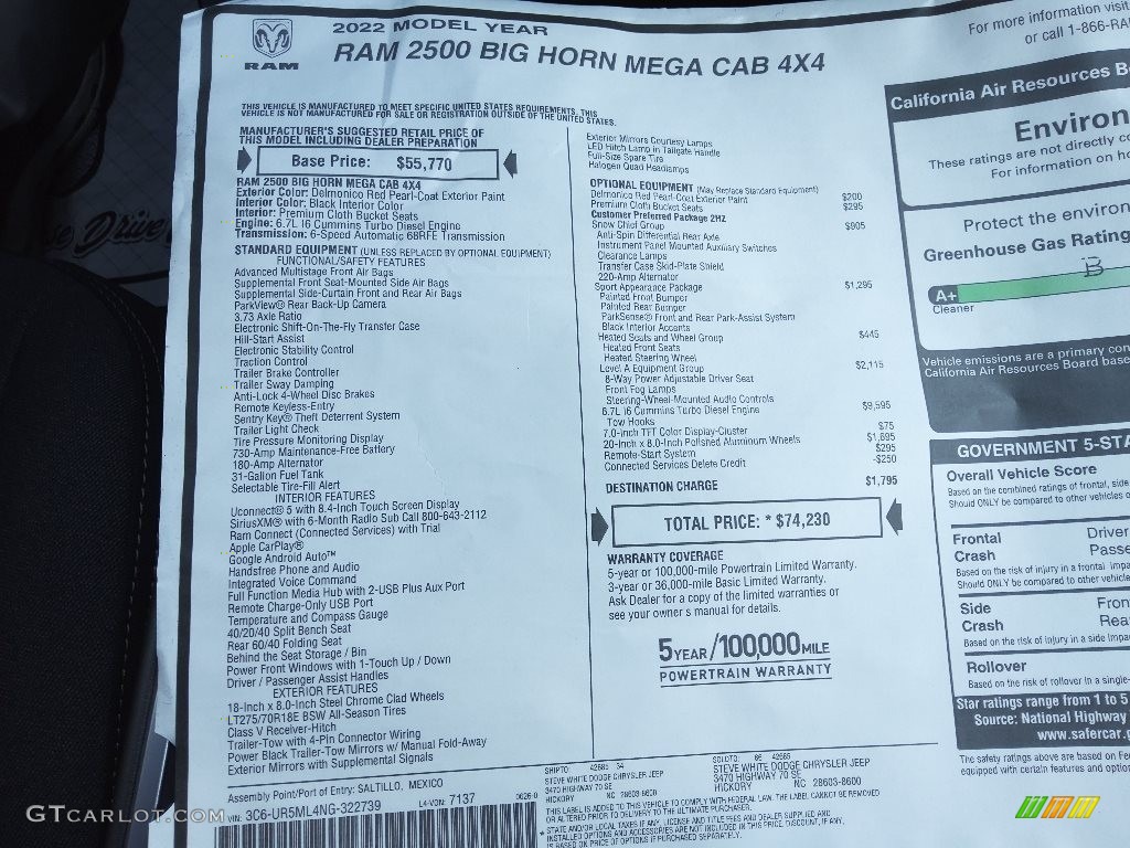 2022 Ram 2500 Big Horn Mega Cab 4x4 Window Sticker Photo #144700404