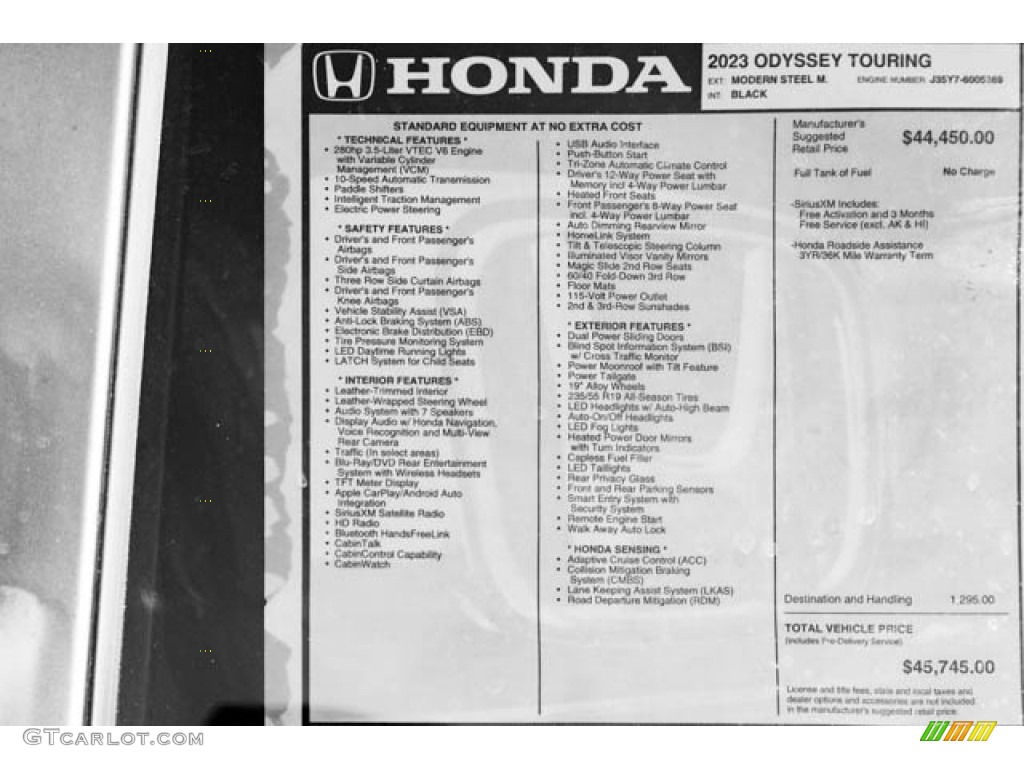 2023 Honda Odyssey Touring Window Sticker Photo #144701526