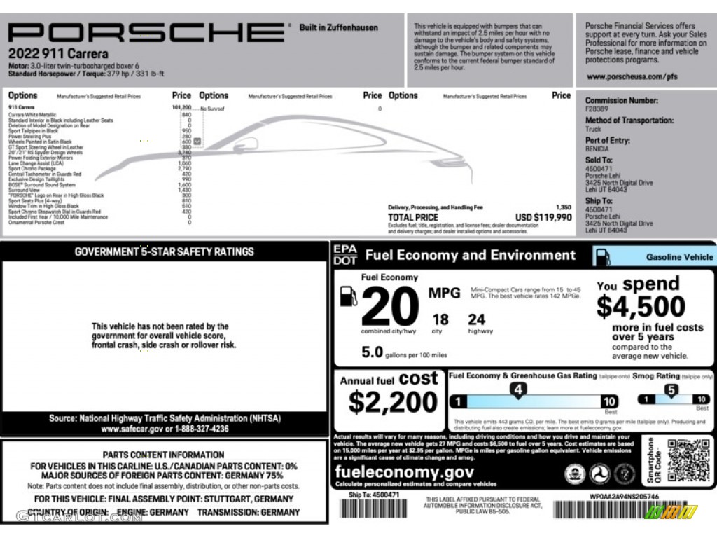 2022 Porsche 911 Carrera Window Sticker Photos