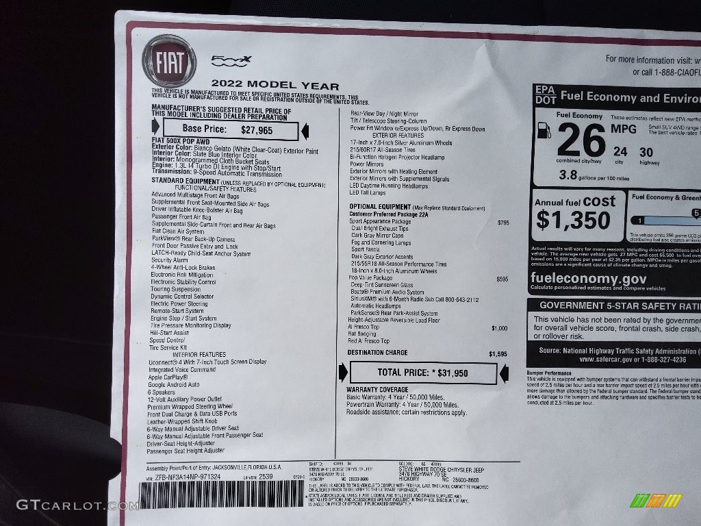 2022 Fiat 500X Sport AWD Window Sticker Photo #144711460