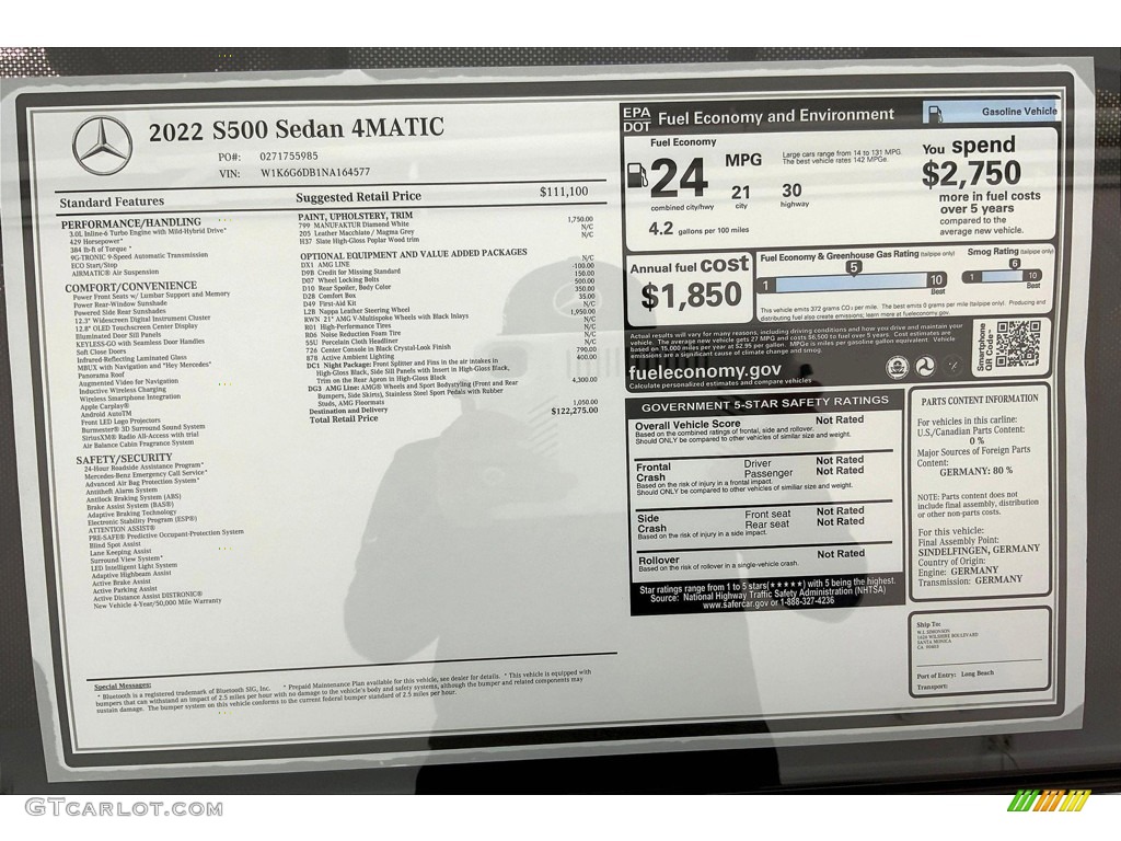 2022 Mercedes-Benz S 500 4Matic Sedan Window Sticker Photo #144713674