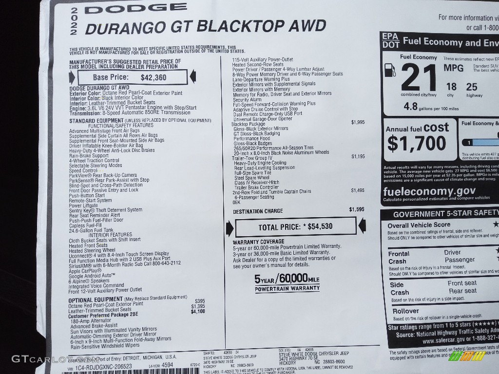 2022 Dodge Durango GT AWD Window Sticker Photo #144717535
