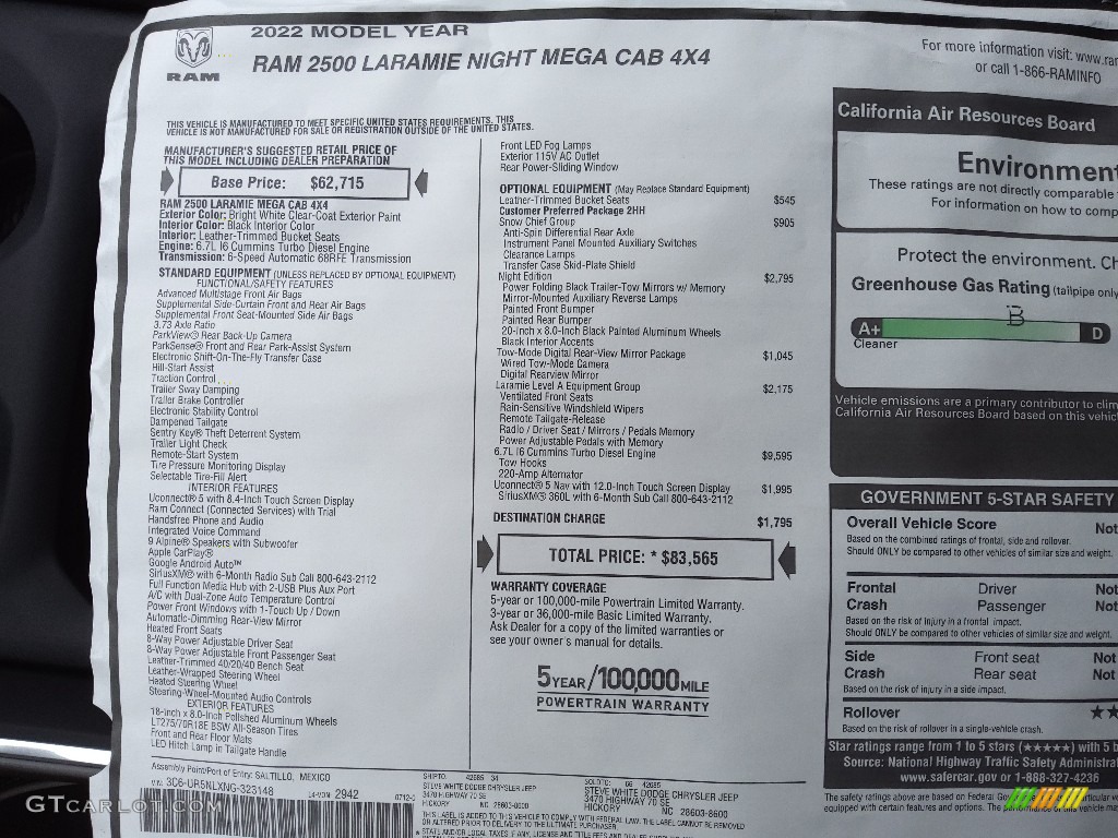 2022 Ram 2500 Laramie Mega Cab 4x4 Window Sticker Photo #144720049