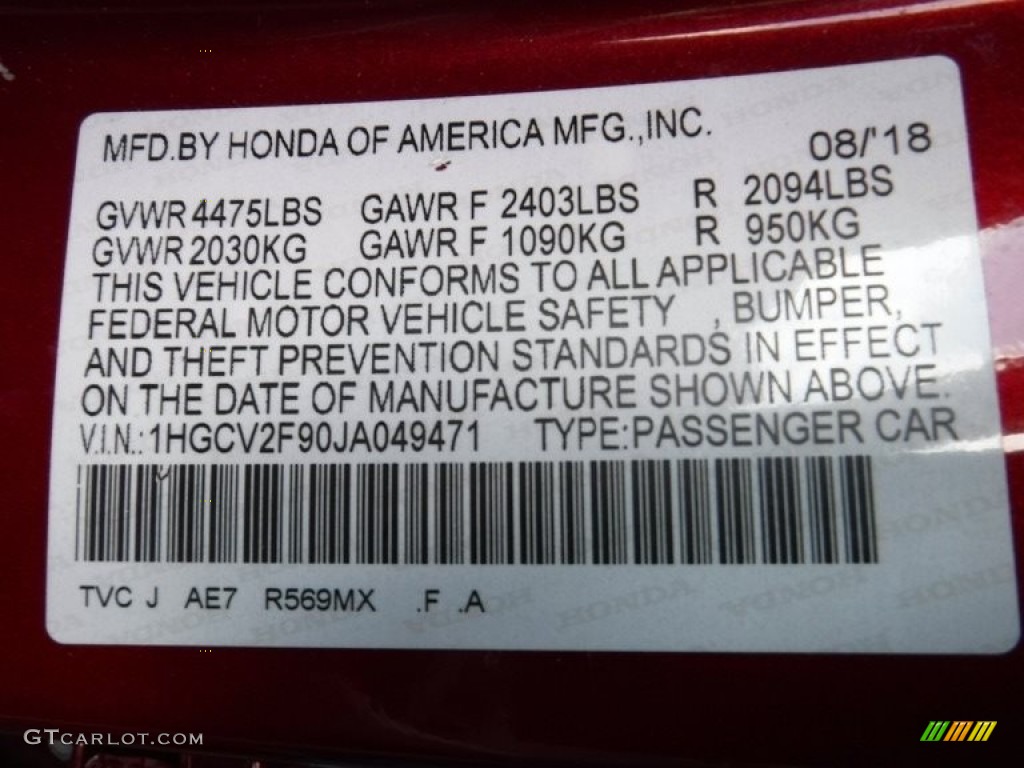 2018 Accord Color Code R569MX for Radiant Red Metallic Photo #144734545