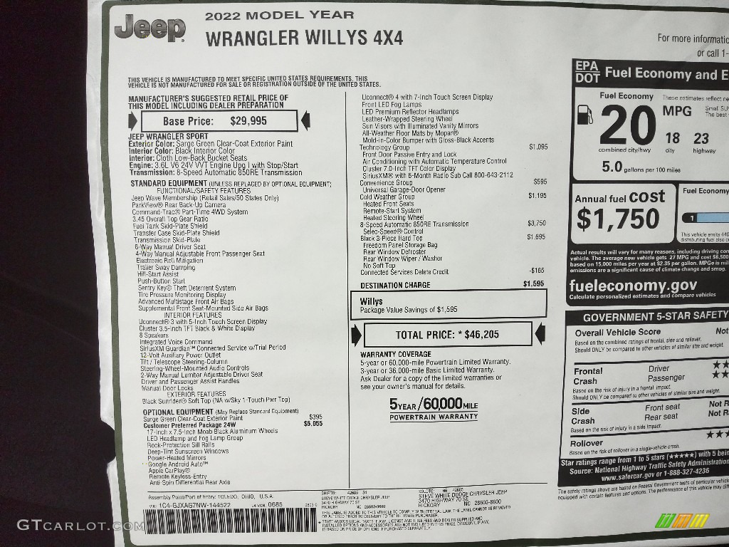2022 Wrangler Willys 4x4 - Sarge Green / Black photo #27