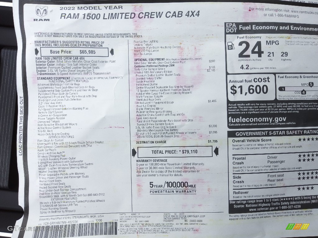 2022 Ram 1500 Limited Crew Cab 4x4 Window Sticker Photo #144749890