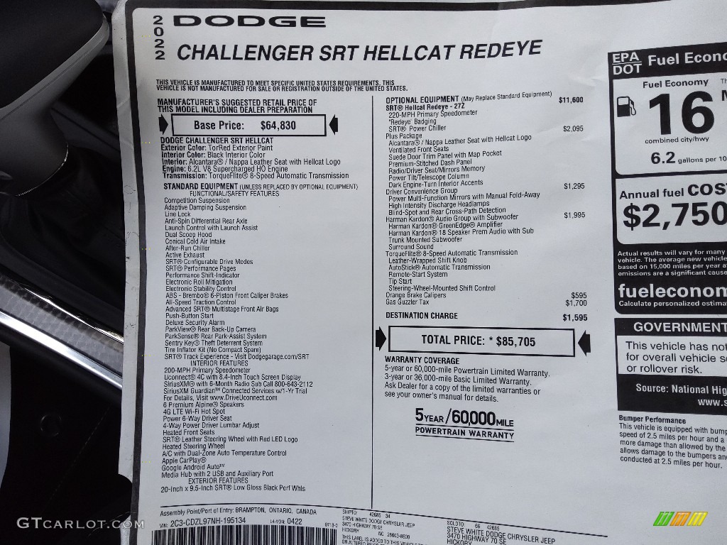 2022 Dodge Challenger SRT Hellcat Redeye Window Sticker Photos