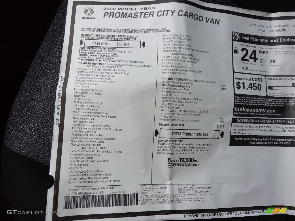 2022 Ram ProMaster City Tradesman Cargo Van Window Sticker Photo #144768855