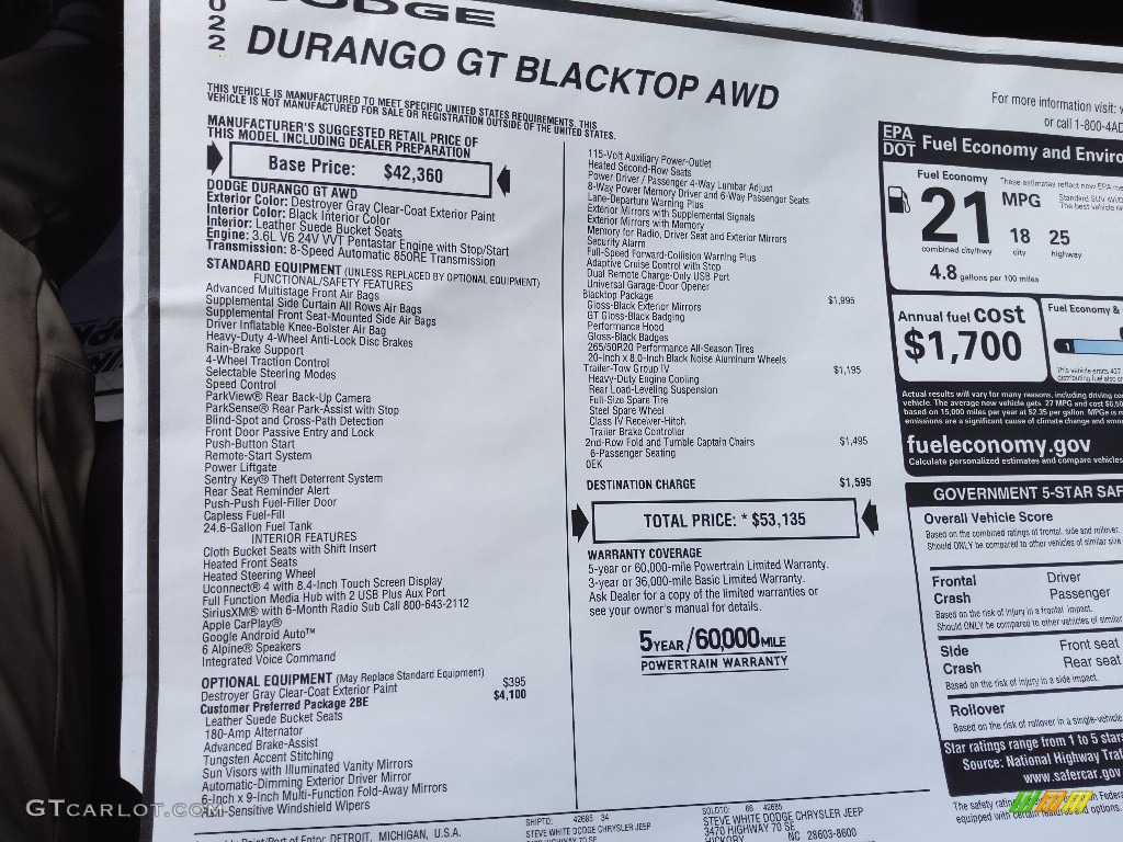 2022 Dodge Durango GT AWD Window Sticker Photos