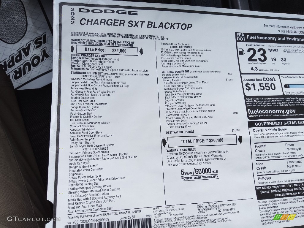 2022 Dodge Charger SXT Blacktop Window Sticker Photo #144785483